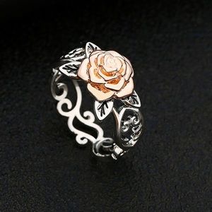 Two Tone 14K Rose Gold and Sterling Silver Filagree Rose Ring Engagement Size 7